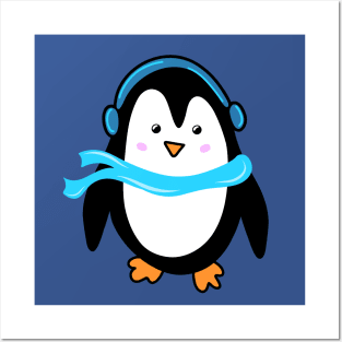 Festive Winter Penguin with Blue Scarf and Earmuffs, made by EndlessEmporium Posters and Art